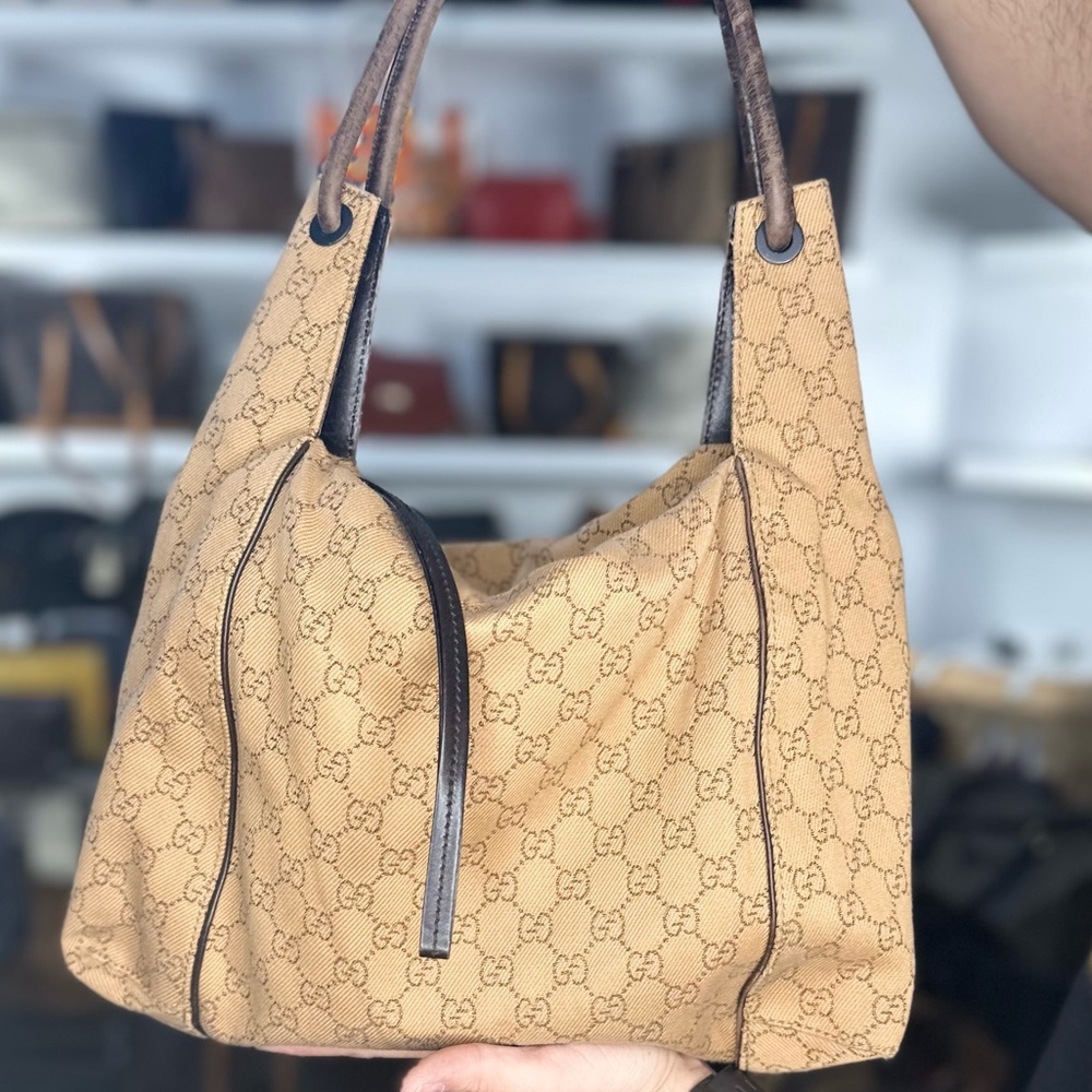 Gucci Beige GG Monogram Canvas Hobo Bag with Brown Trim
